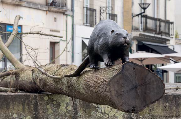 Laurent le Deunff, Un castor sur un arbre couché, 2021, bronze et arbre, 60 x 150 x 30 cm, porte Sauvetout, Nantes. Le Voyage à Nantes. © Photo Martin Argyroglo