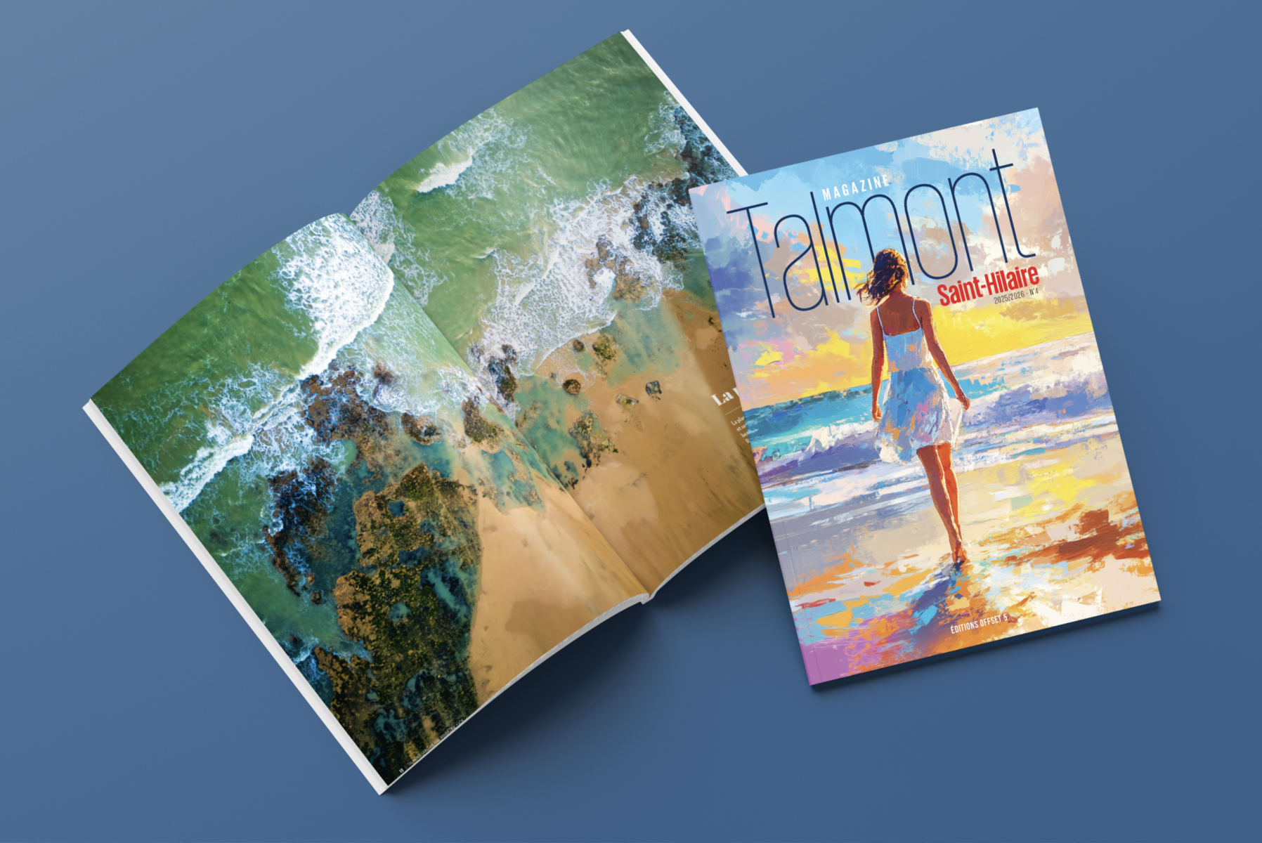 Un magazine Talmont Saint-Hilaire ouvert présente une photo aérienne de plage avec des vagues et des rochers ; à côté, la couverture montre une femme illustrée se promenant sur une plage de sable au coucher du soleil, sous le titre Talmont Saint-Hilaire. - Édition Offset 5 (Partenaire de votre communication locale en Vendée)