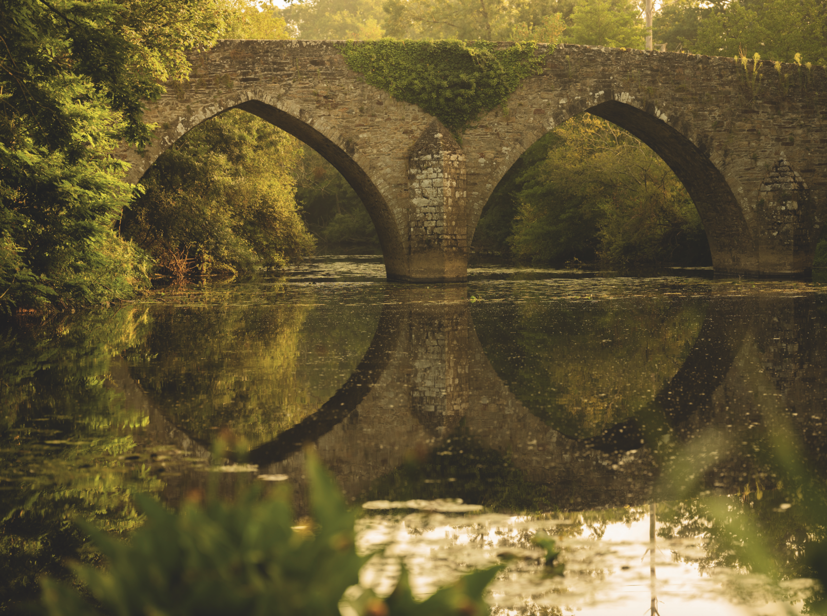 Un vieux pont de pierre à deux arches, rappelant une peinture de Veillon, enjambe une rivière calme et réfléchissante, entourée d'arbres et de feuillages verdoyants par une journée ensoleillée. Le pont et les arbres se reflètent dans l'eau en contrebas. - Édition Offset 5 (Partenaire de votre communication locale en Vendée)
