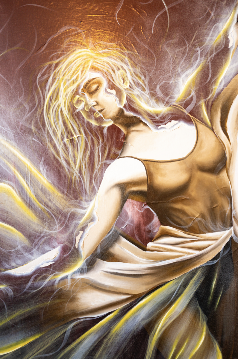 Une peinture surréaliste de Simon Boisliveau représente une femme qui danse, ses cheveux blonds et sa robe beige tourbillonnant de lumière et d'énergie sur un fond sombre. Sa pose expressive rayonne de mouvement et de grâce. - Édition Offset 5 (Partenaire de votre communication locale en Vendée)