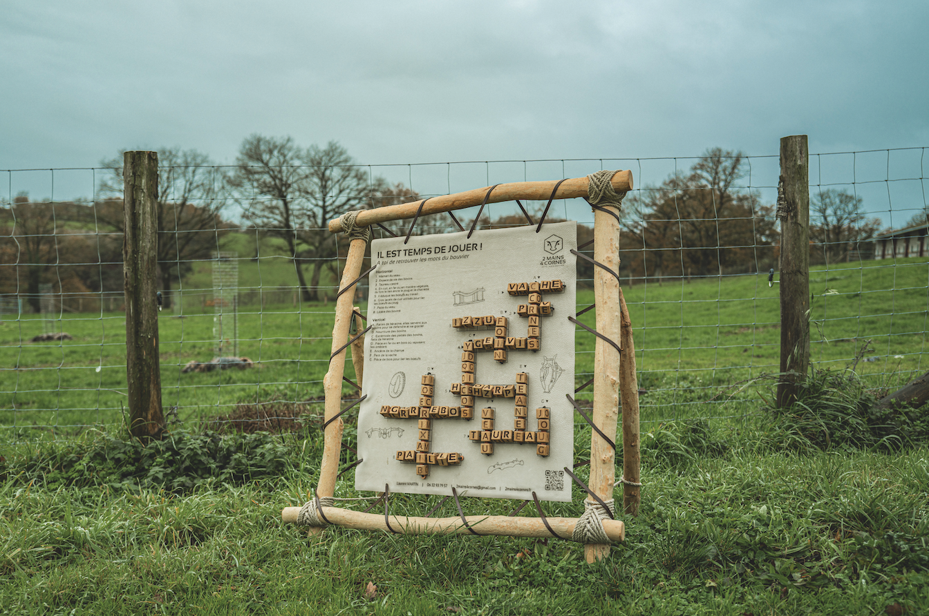 Un panneau Zarpō encadré de bois avec des tuiles de Scrabble épelant des mots est affiché devant une clôture grillagée dans un champ herbeux, des arbres bordant l'arrière-plan sous un ciel nuageux. - Édition Offset 5 (Partenaire de votre communication locale en Vendée)