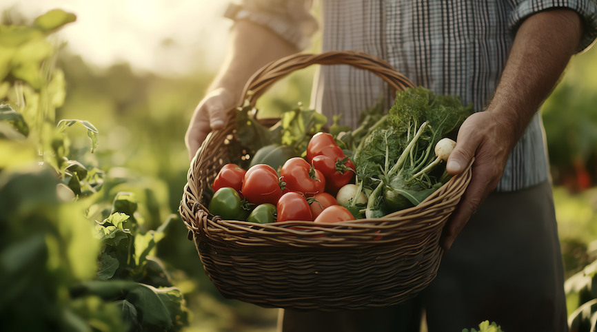 Une personne vêtue d'une chemise à carreaux tient un panier tressé rempli de légumes frais de la Zailfana, notamment des tomates, des poivrons et des légumes verts, alors qu'elle se tient dans un jardin luxuriant sous la lumière chaude du soleil. - Édition Offset 5 (Partenaire de votre communication locale en Vendée)