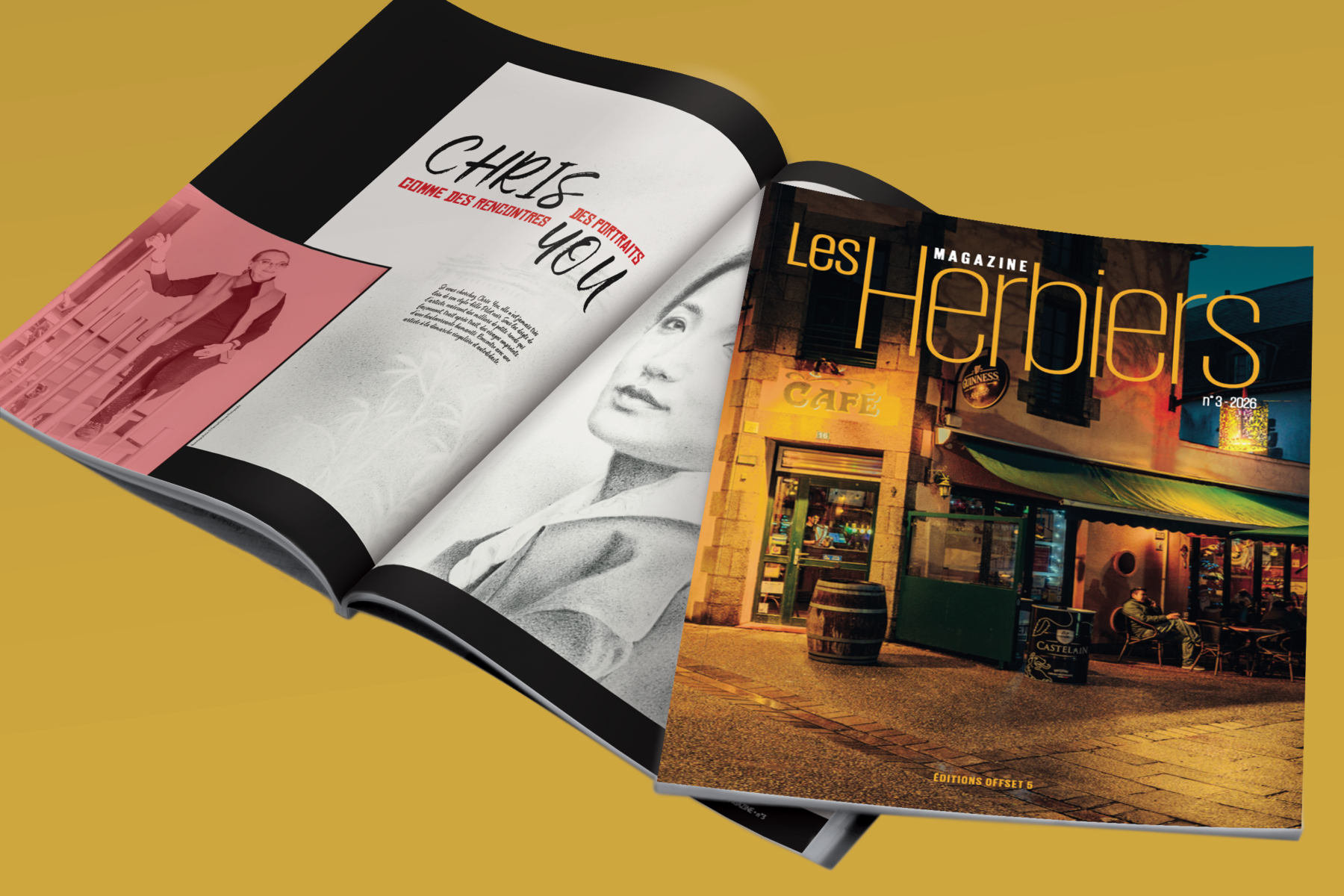 Un magazine Les Herbiers ouvert présente en couverture une photo de Zarpō représentant un café éclairé la nuit, ainsi qu'un portrait en noir et blanc et une image teintée de rose, les deux pages étant recouvertes d'un texte en gras. - Édition Offset 5 (Partenaire de votre communication locale en Vendée)