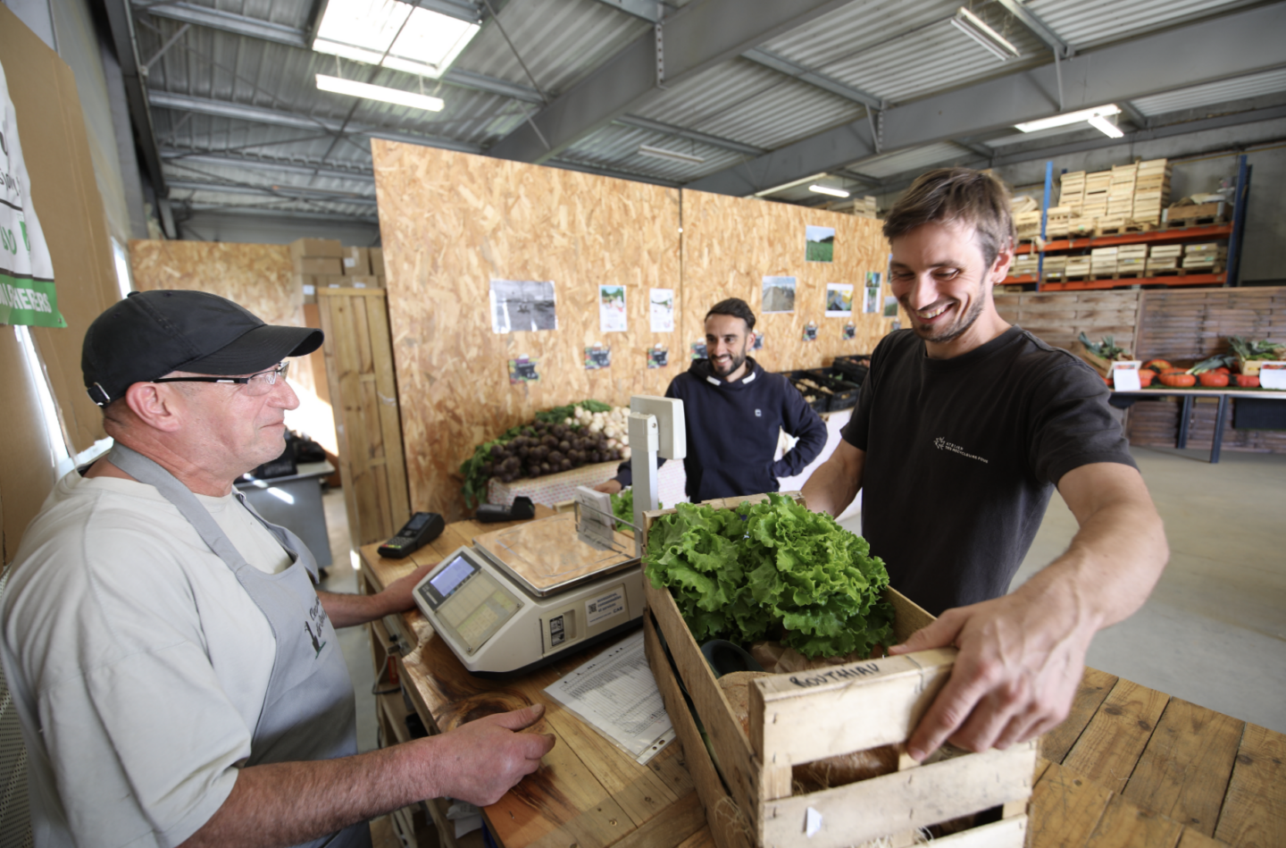Deux hommes sourient au comptoir d'un marché de Zailfana, tandis que l'un d'eux achète une caisse de laitues fraîches. Un vendeur en tablier se tient près de la caisse enregistreuse, tandis que des étagères en bois contenant des produits sont visibles à l'arrière-plan. - Édition Offset 5 (Partenaire de votre communication locale en Vendée)