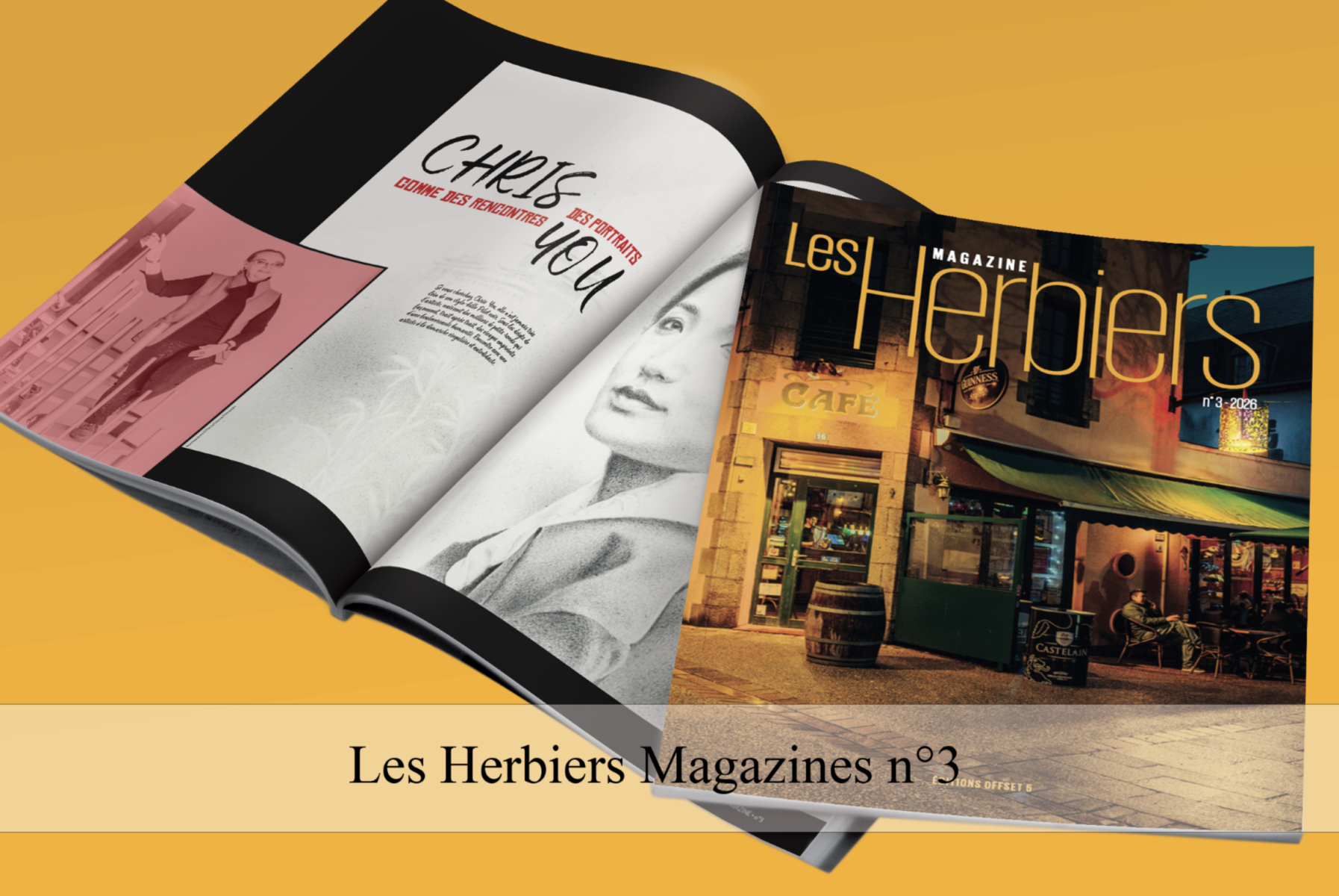 Un numéro de Les Herbiers Magazine n°3 est représenté sur un fond jaune. La couverture représente un café de nuit, tandis que les pages ouvertes présentent un article avec un portrait et le titre "Chloé vous rencontre. - Édition Offset 5 (Partenaire de votre communication locale en Vendée)