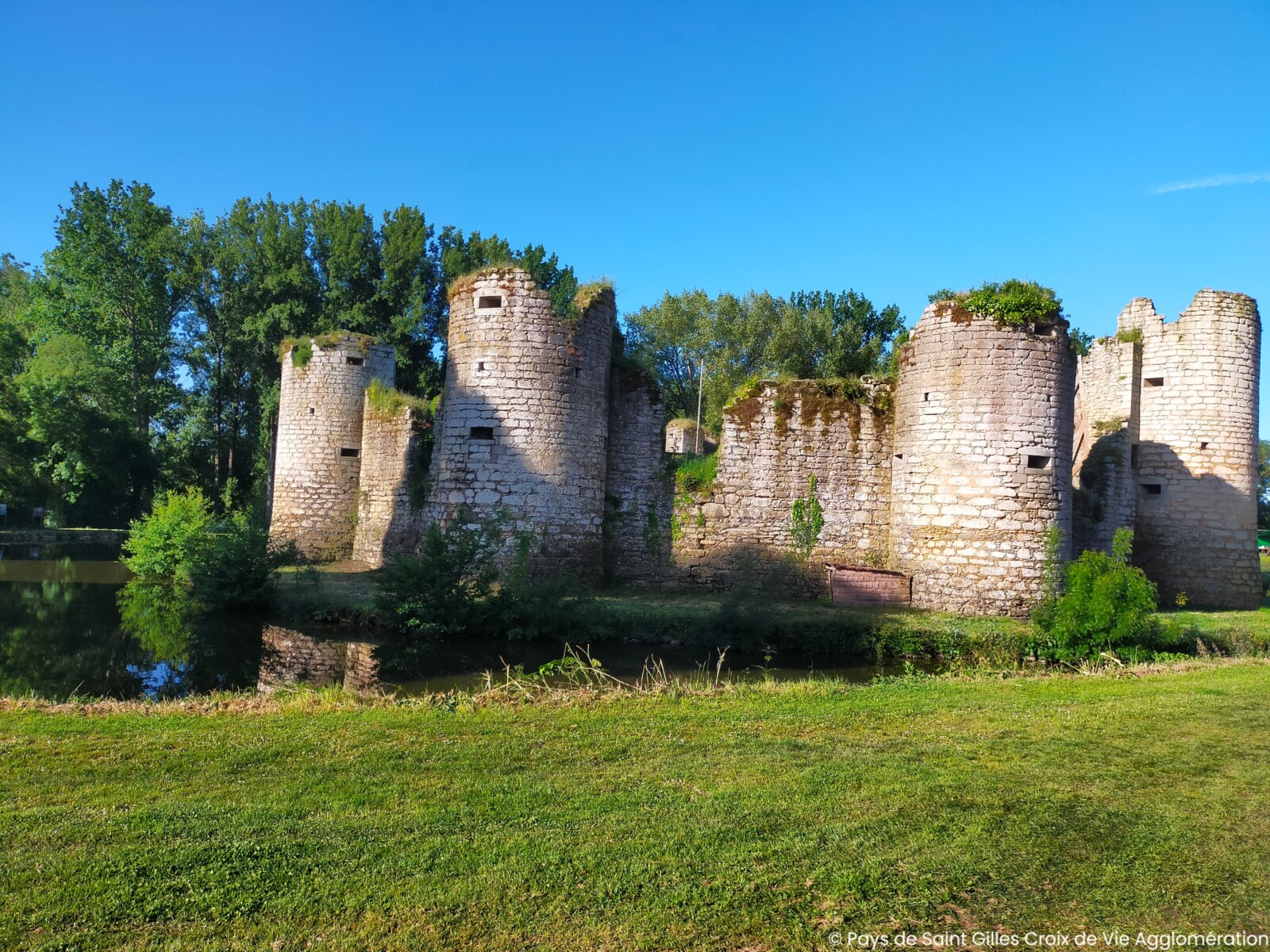 Les ruines d'un ancien château en pierre avec des tours rondes près de La Roche sur Yon sont entourées d'herbe et d'arbres verdoyants, se reflétant dans des douves calmes sous un ciel bleu clair. - Édition Offset 5 (Partenaire de votre communication locale en Vendée)