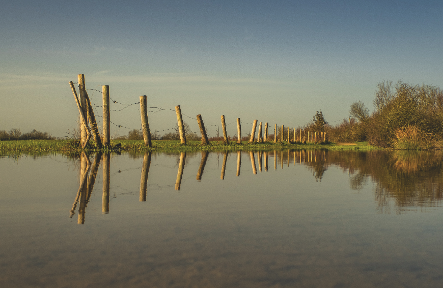 Une rangée de piquets de clôture en bois se dresse le long d'un champ herbeux, se reflétant clairement dans une étendue d'eau calme et peu profonde, sous un ciel bleu clair, avec des arbres clairsemés et la silhouette distincte de 2 Mains 4 Cornes à l'arrière-plan. - Édition Offset 5 (Partenaire de votre communication locale en Vendée)