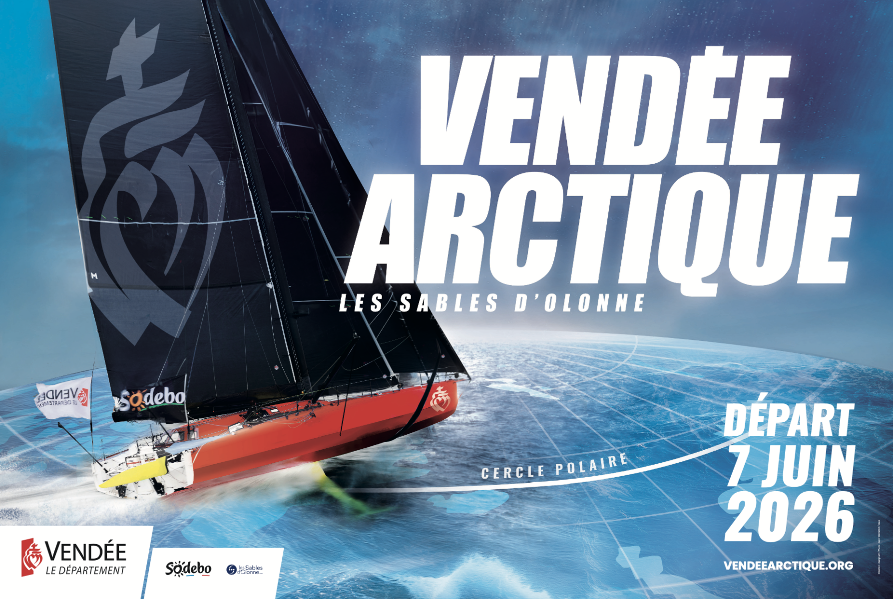 Un voilier de course file à toute allure dans l'océan sous un ciel spectaculaire. Le texte en gras indique Vendée Arctique Les Sables d'Olonne, Départ 7 Juin 2026, avec les logos des sponsors - dont 2 Mains 4 Cornes - et une carte du monde en arrière-plan. - Édition Offset 5 (Partenaire de votre communication locale en Vendée)