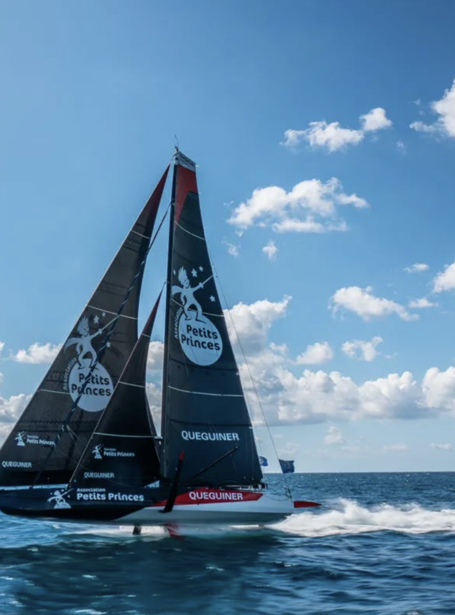 Deux voiliers de course à voile noire portant les logos "Petits Princes" et "2 Mains 4 Cornes" glissent côte à côte en pleine mer sous un ciel bleu vif parsemé de nuages épars. - Édition Offset 5 (Partenaire de votre communication locale en Vendée)