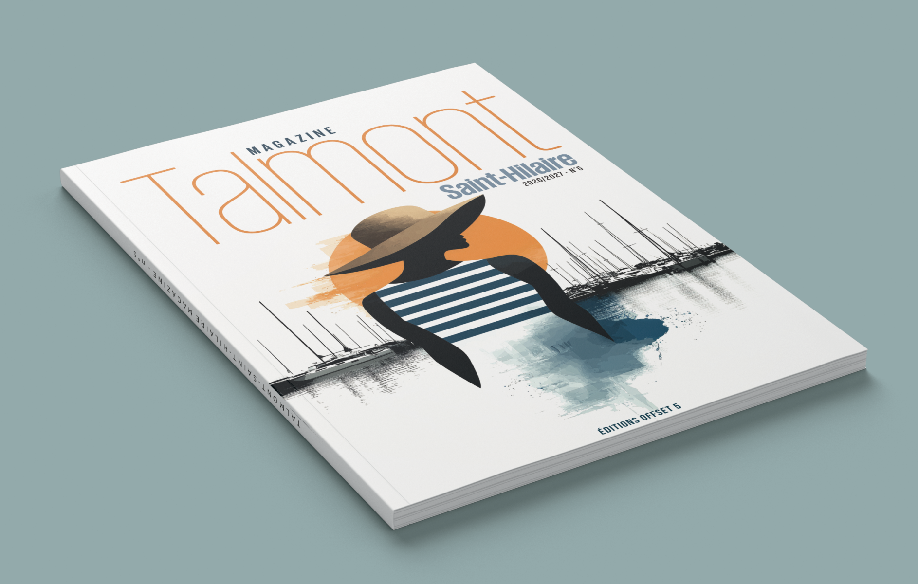 Un magazine intitulé « Talmont », dont la couverture illustrée représente une femme coiffée d'un chapeau de soleil et vêtue d'un t-shirt rayé, face à un port de plaisance où sont amarrés des voiliers sous un soleil orange, évoque le charme de Challans. On peut y lire « Saint-Hilaire » et « Édition Spécial ». - Édition Offset 5 (Partenaire de votre communication locale en Vendée)