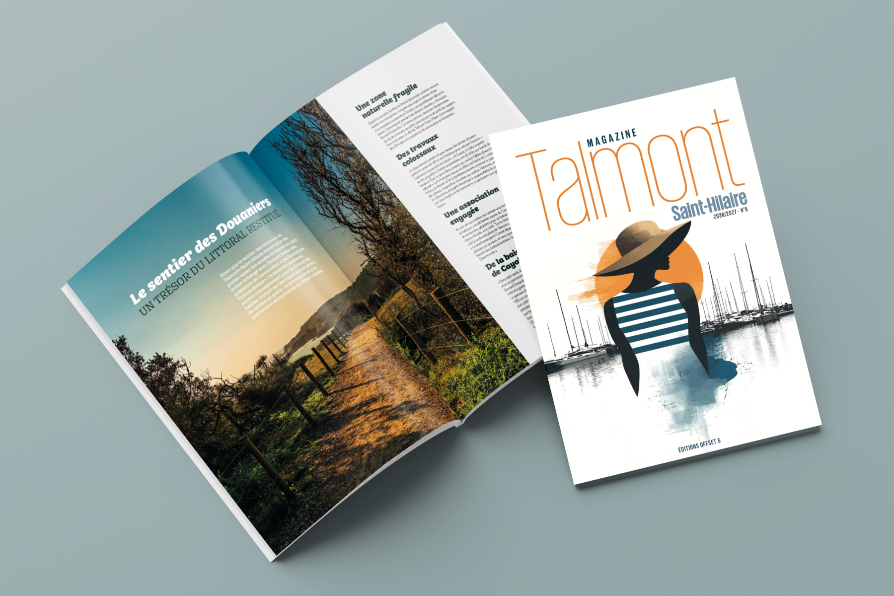 Un magazine ouvert présente une photo d'un sentier panoramique près de Challans, accompagnée d'un texte en français, à côté d'une couverture intitulée « Magazine Talmont Saint-Hilaire » sur laquelle figure un personnage illustré coiffé d'un chapeau, avec des bateaux en arrière-plan. - Édition Offset 5 (Partenaire de votre communication locale en Vendée)